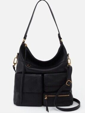 HOBO Black Leather Hobo Shoulder Bag with Gold Hardware